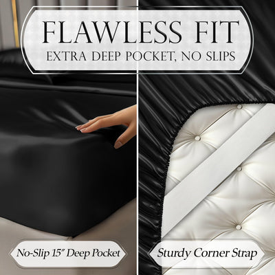 DECOLURE sheets on a made bed in a bedroom setting showing glossy look and elevated style benefit