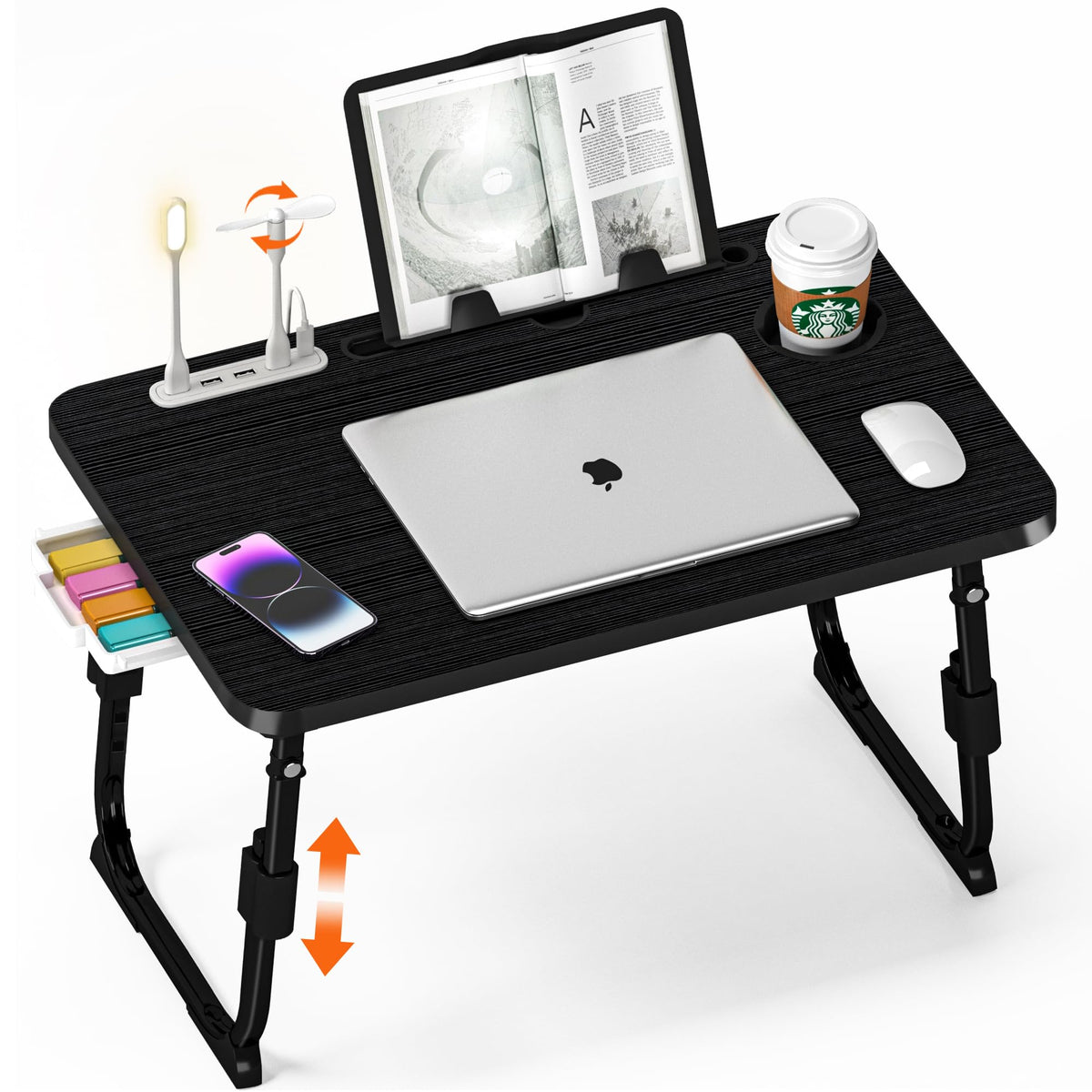 DECOSIS front view of adjustable lap desk showing stable desktop and frame benefit