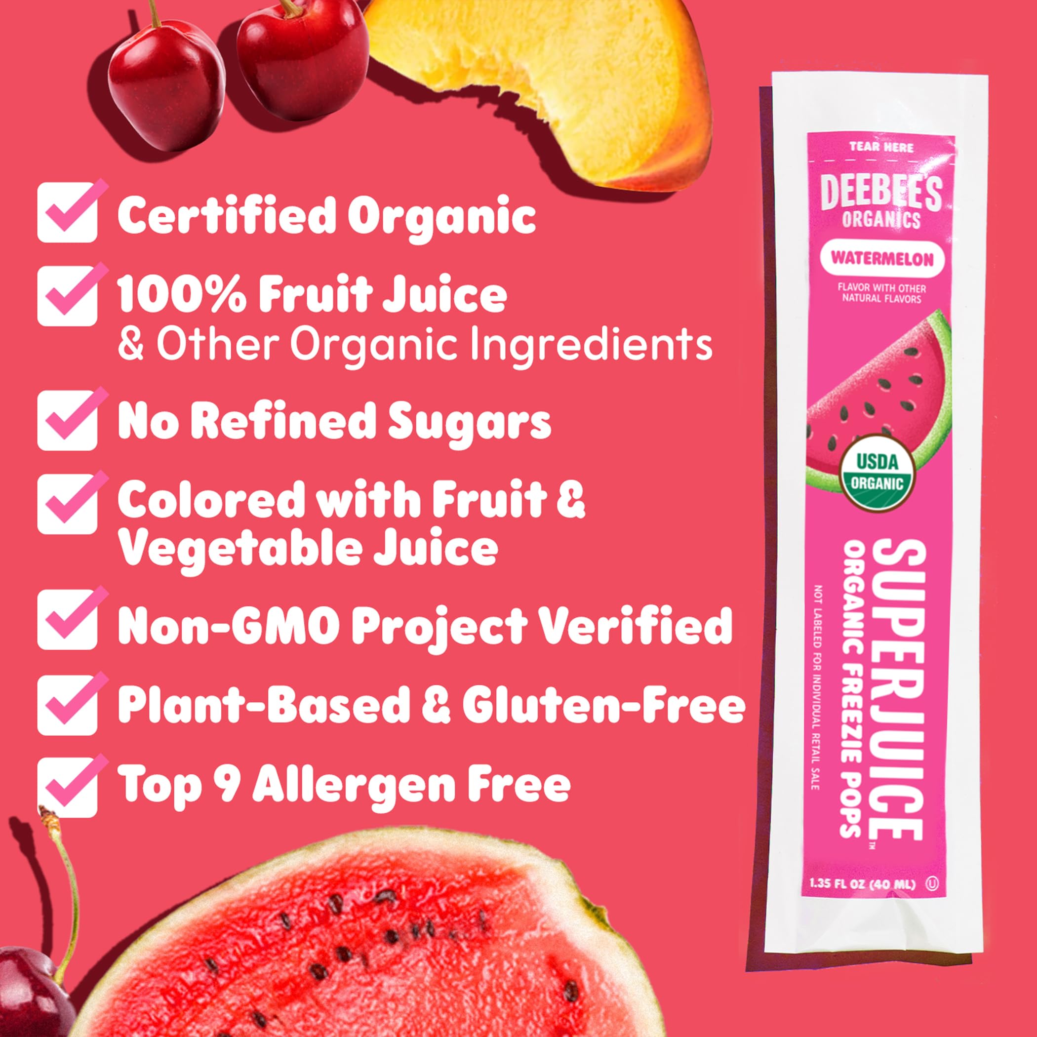 DeeBee's etiqueta con certificaciones orgánicas y sin GMO visible