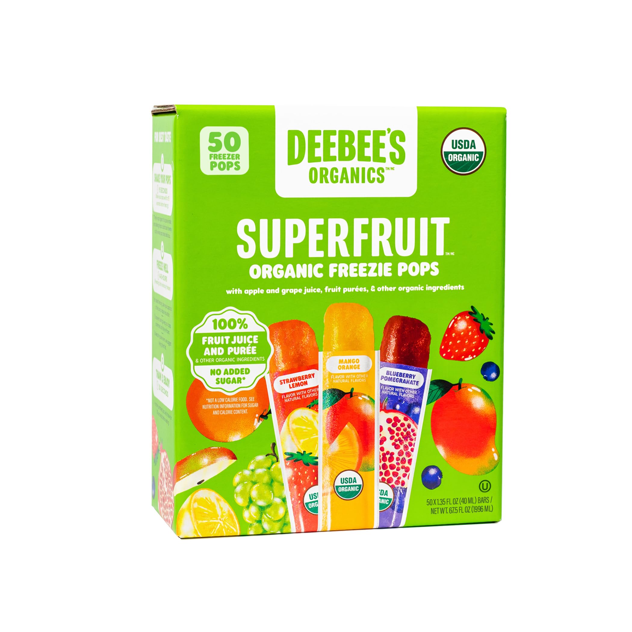 DeeBee's frente del empaque mostrando las 50 paletas y sabores, conveniencia para familias