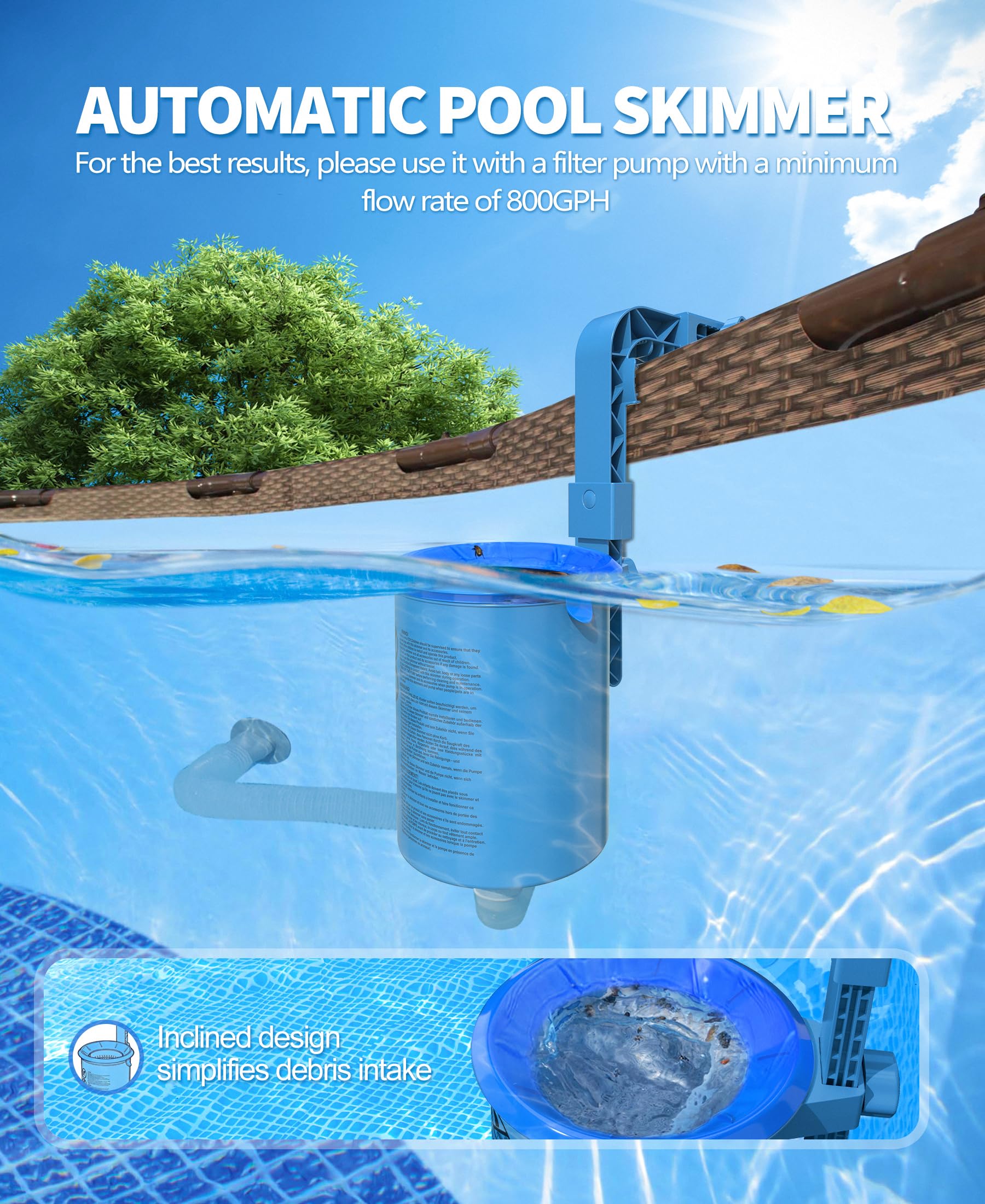 DeeprClean skimmer en piscina uso, mantiene la superficie libre de residuos