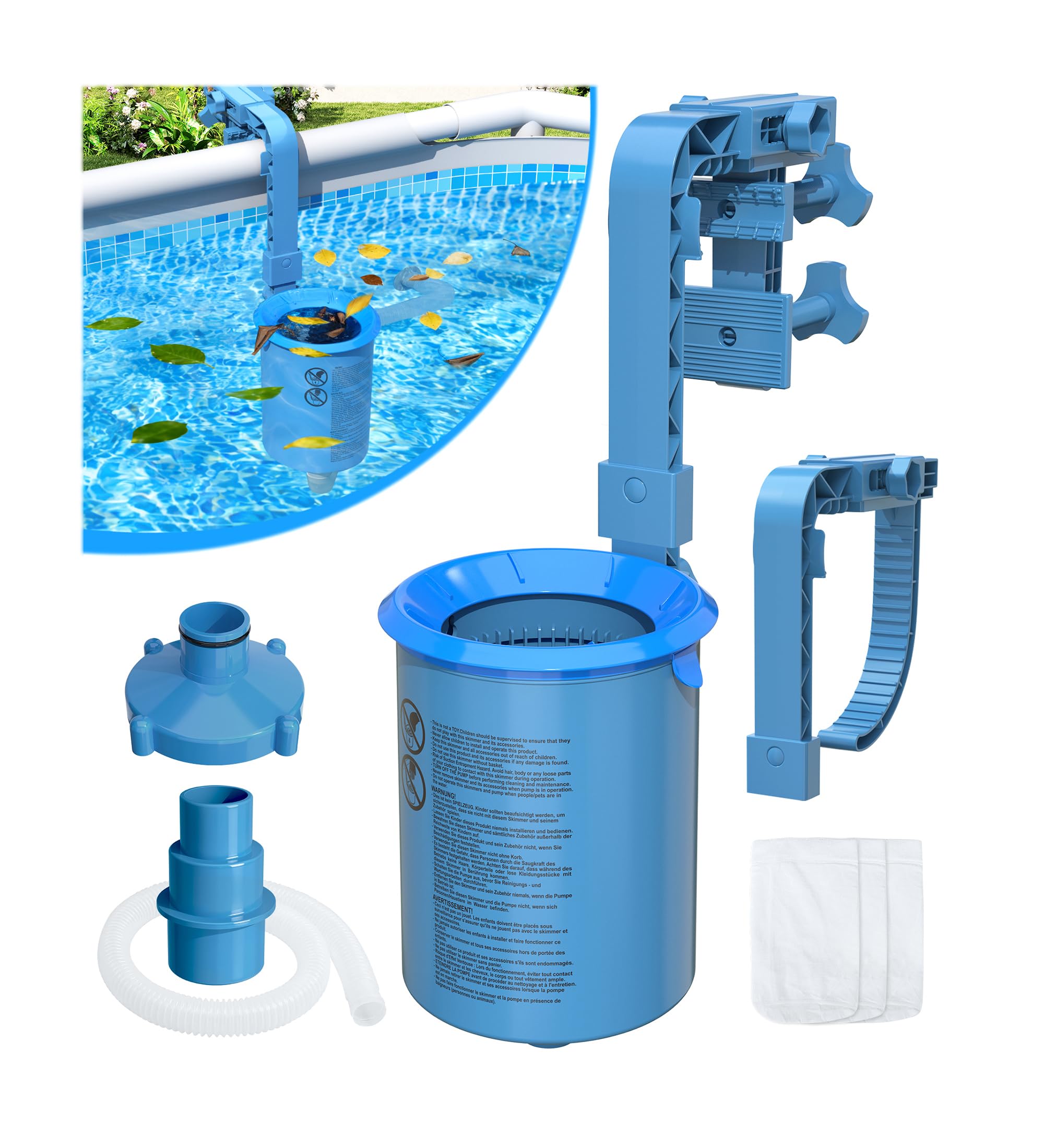 DeeprClean skimmer frontal con 3 socks, captura efectiva de hojas