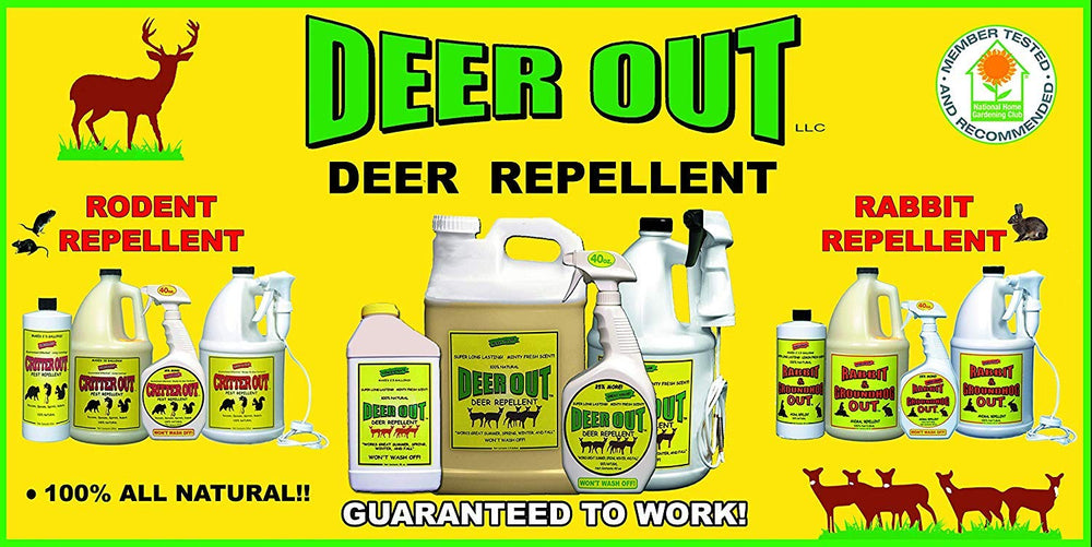 Escena de jardín con plantas protegidas por Deer Out, reduce daños por herbívoros