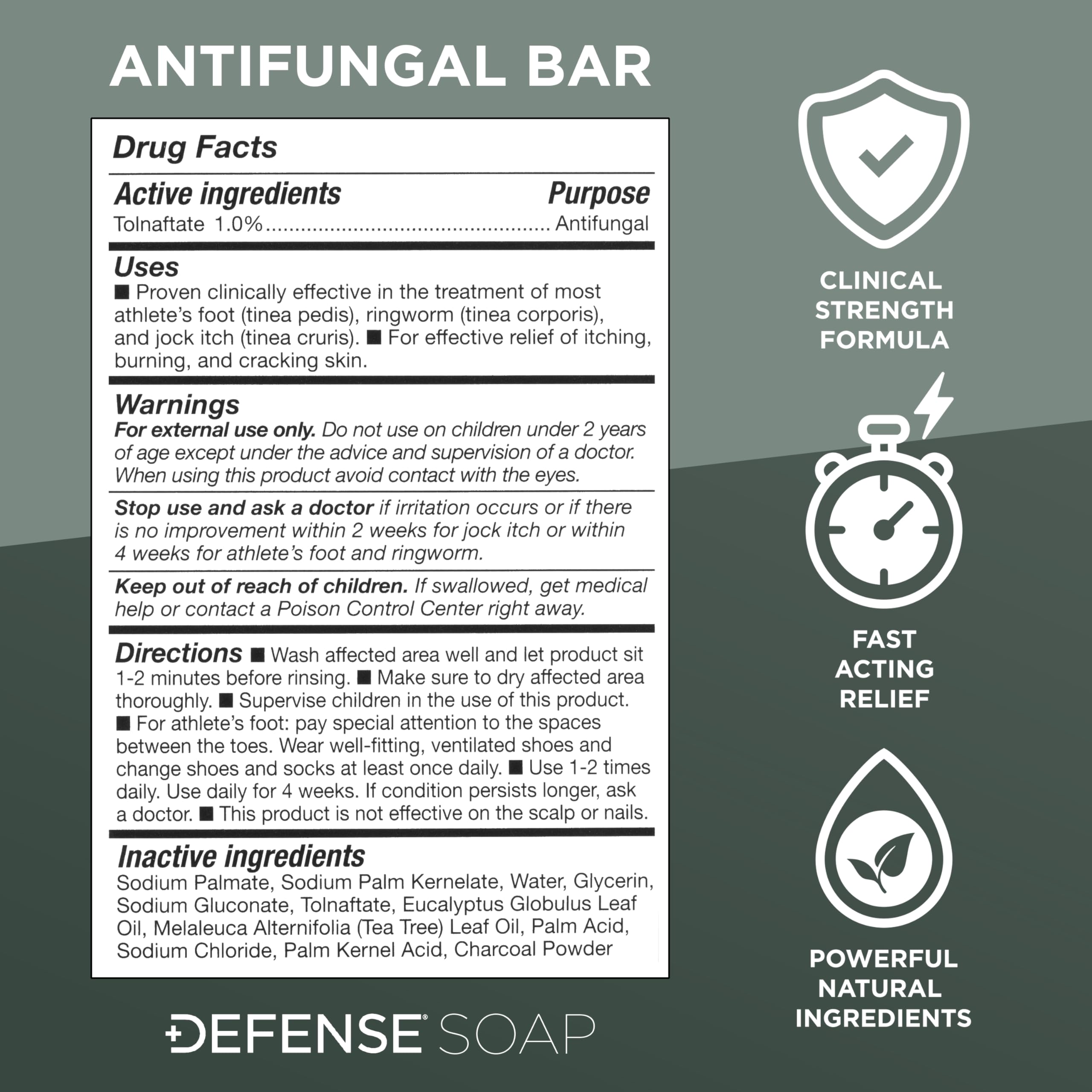 Defense Soap detalle del ingrediente tolnaftato enfatizando acción antifúngica localizada