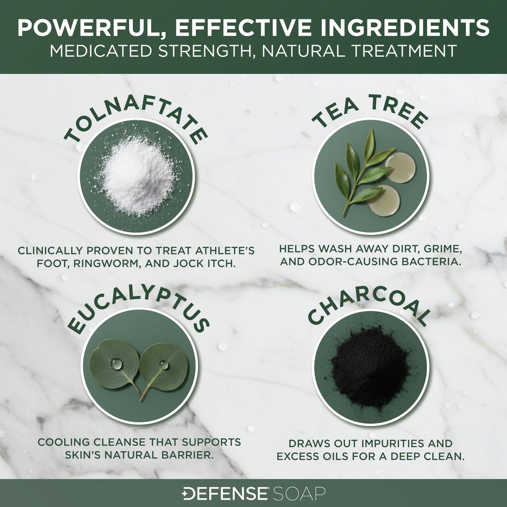 Defense Soap uso en pies en ducha que muestra limpieza en zonas afectadas
