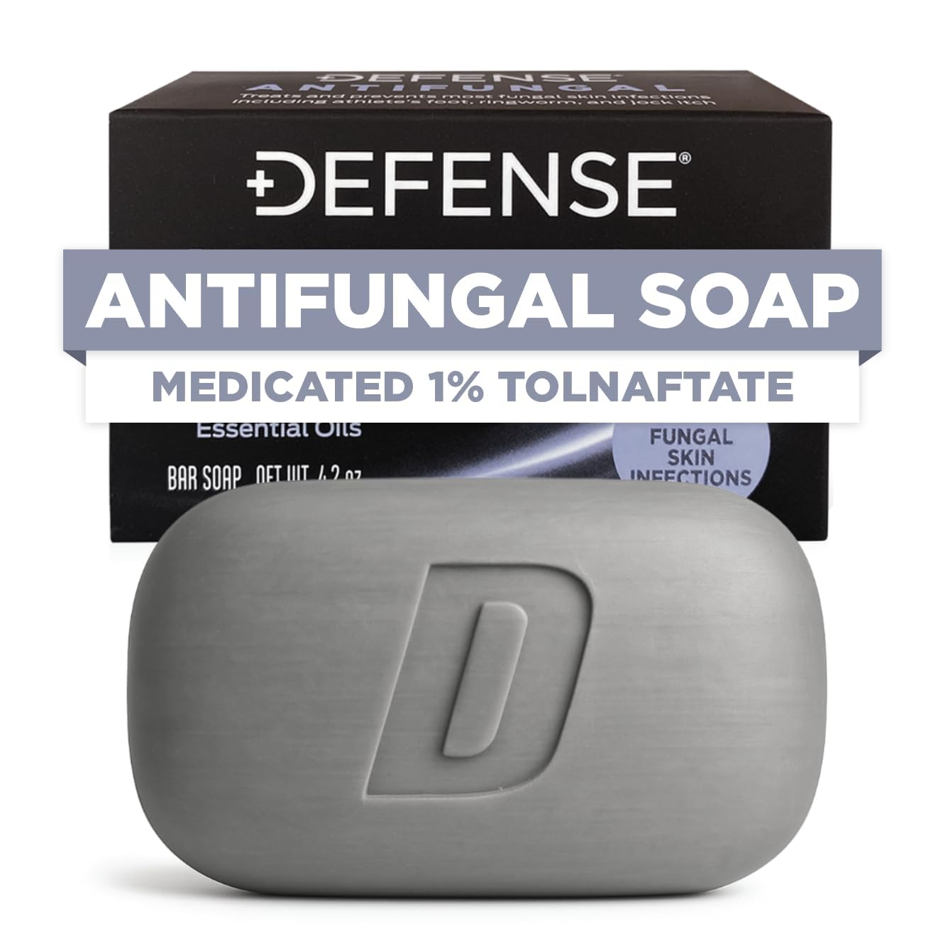 Defense Soap vista frontal del empaque mostrando la barra y beneficio antifúngico