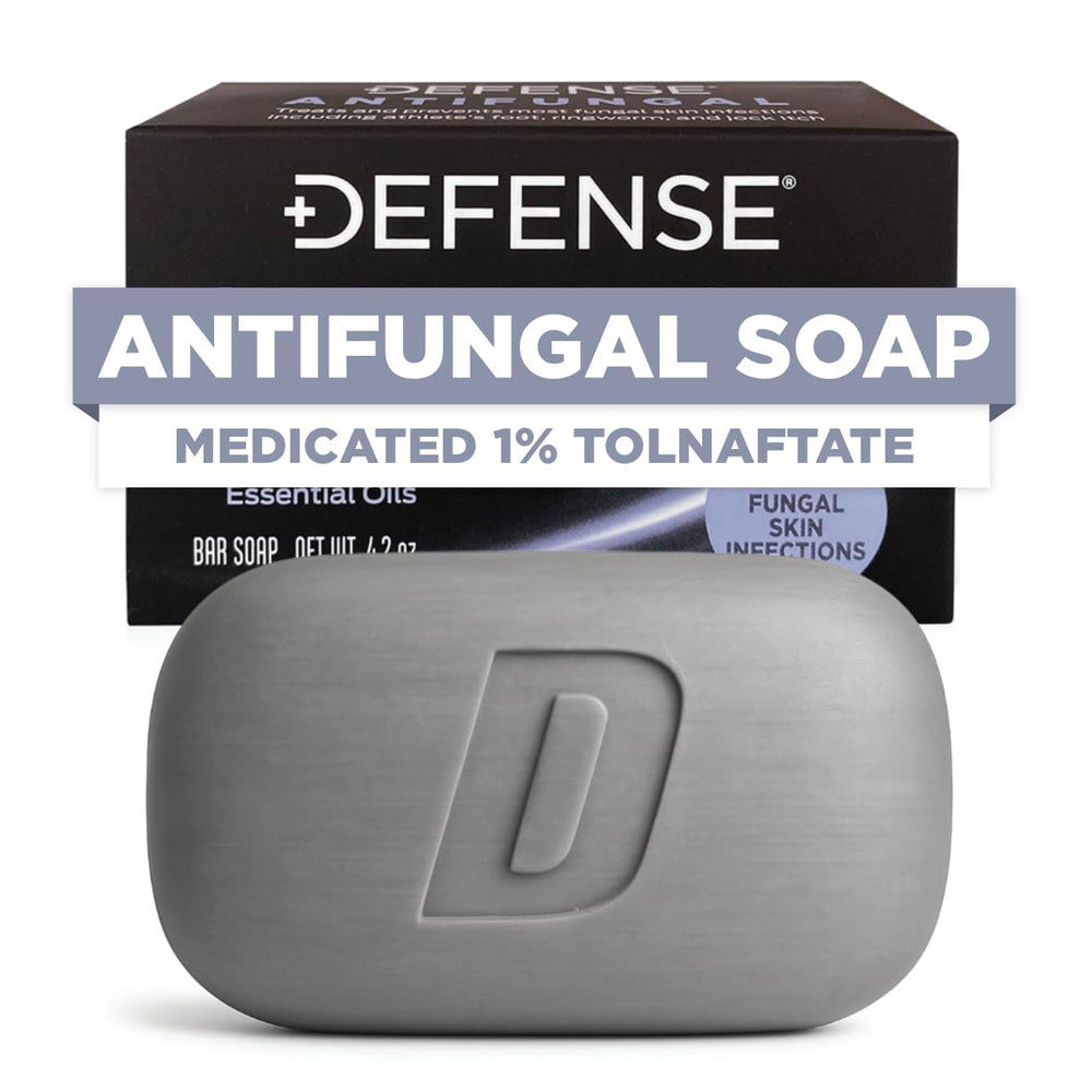 Defense Soap vista frontal del empaque mostrando la barra y beneficio antifúngico
