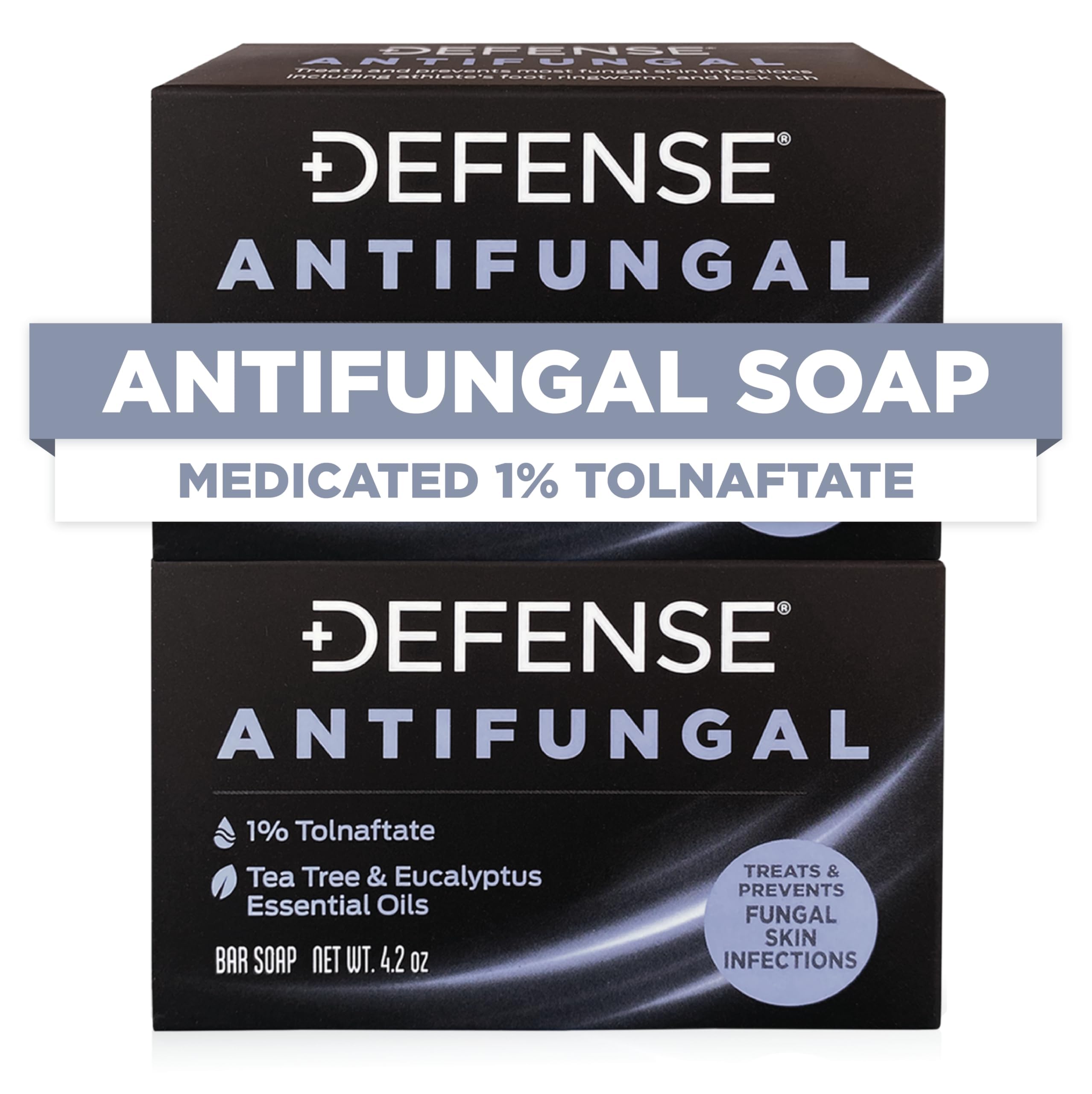 Defense Soap vista frontal del empaque mostrando el paquete doble y uso práctico
