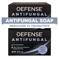 Defense Soap vista frontal del empaque mostrando el paquete doble y uso práctico