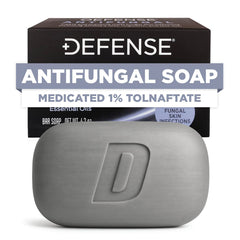 Defense Soap vista frontal del empaque mostrando la barra y beneficio antifúngico