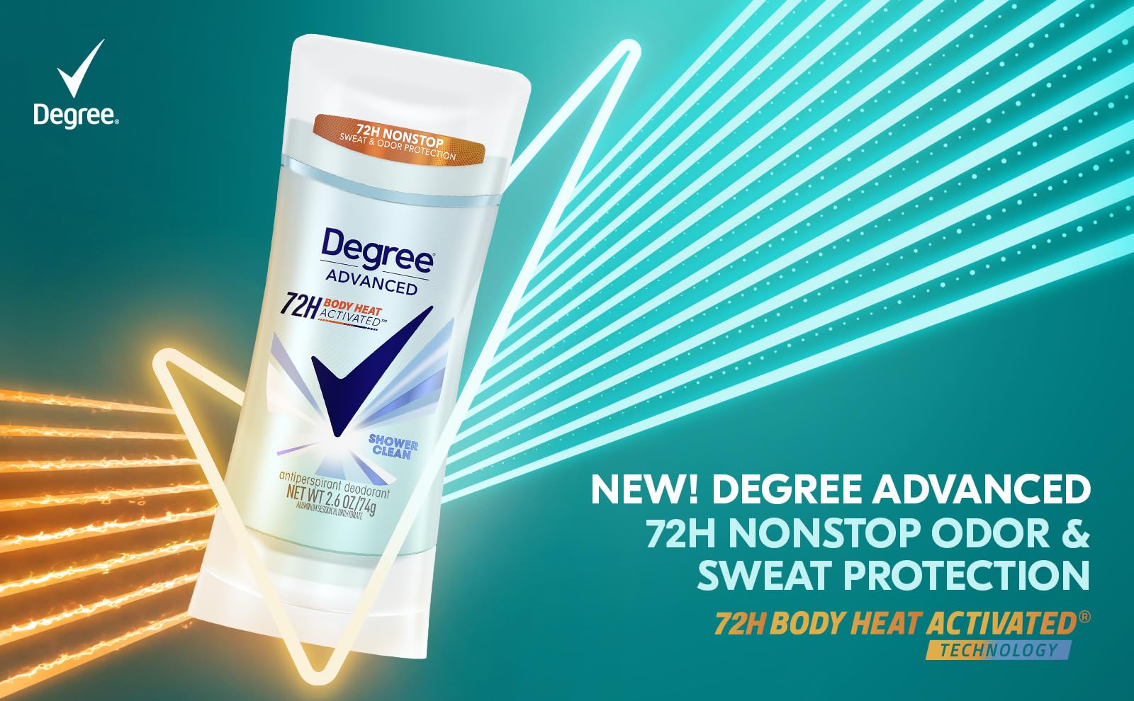 Degree envase con etiqueta legible resaltando 72 horas de protección