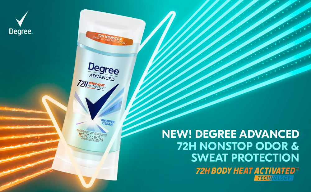 Degree envase con etiqueta legible resaltando 72 horas de protección