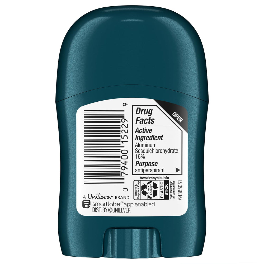 Degree envase lateral del mini desodorante indica diseño compacto y práctico