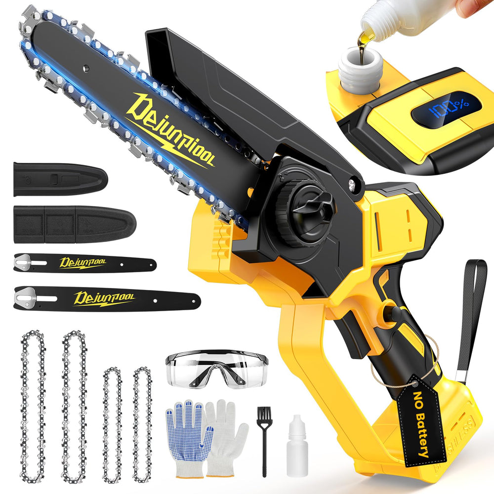 DEJUNPIOOL mini chainsaw front profile showing compact design and ease of control