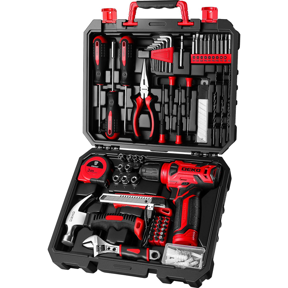 DEKOPRO taladro frontal rojo mostrando diseño compacto y ligero beneficios ergonomía