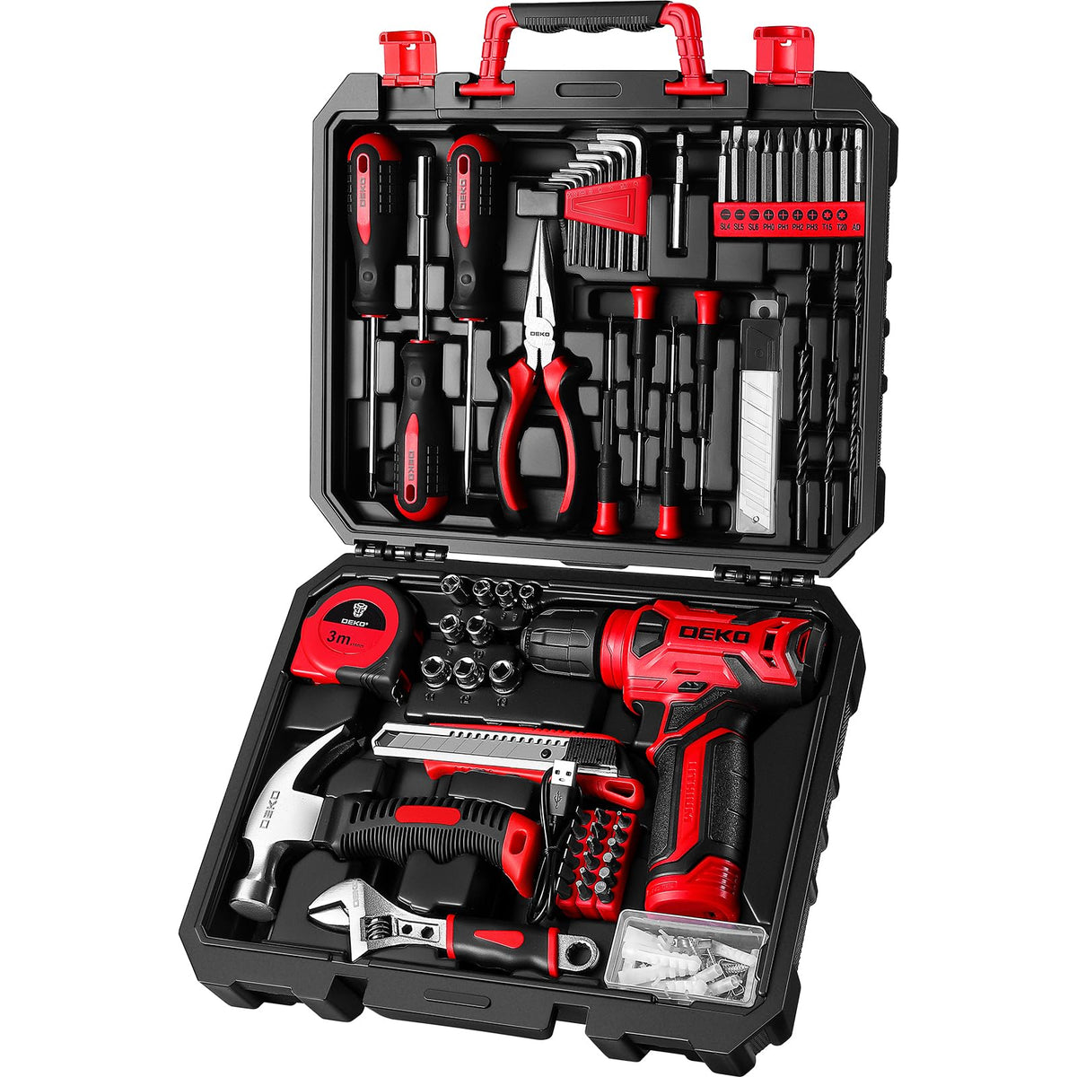 DEKOPRO taladro frontal rojo mostrando diseño compacto y ligero beneficios ergonomía