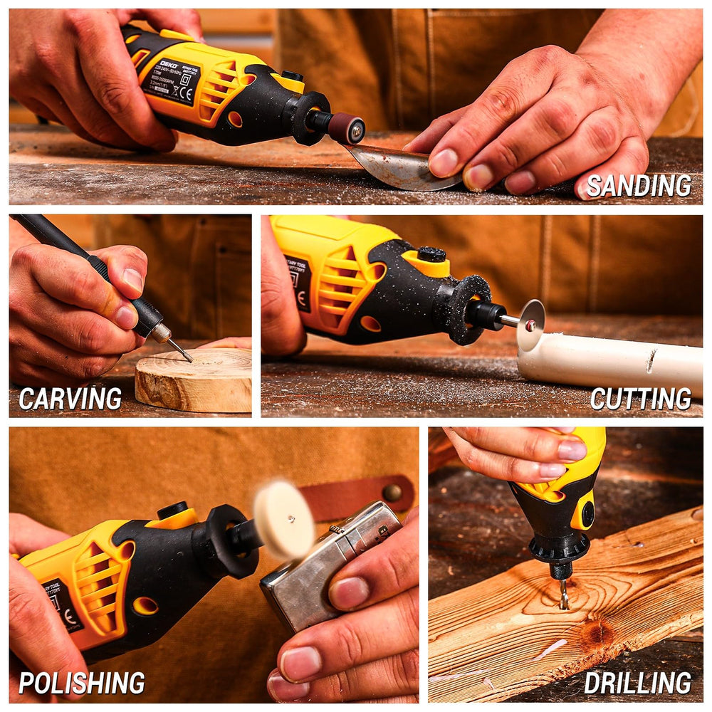 DEKOPRO tool in use engraving wood to demonstrate control and fine-detail capability