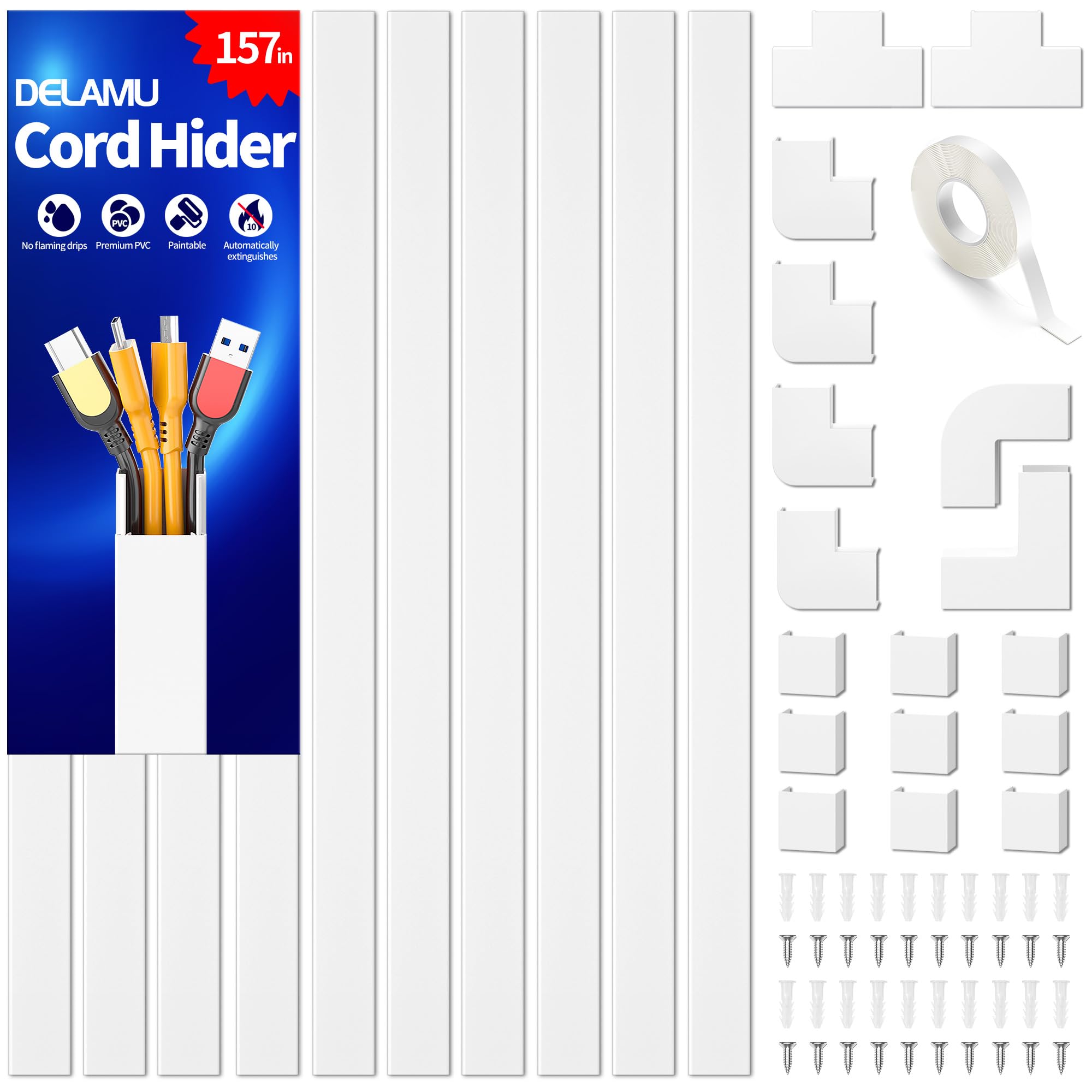 Delamu front packaging showing cord hider set and easy setup