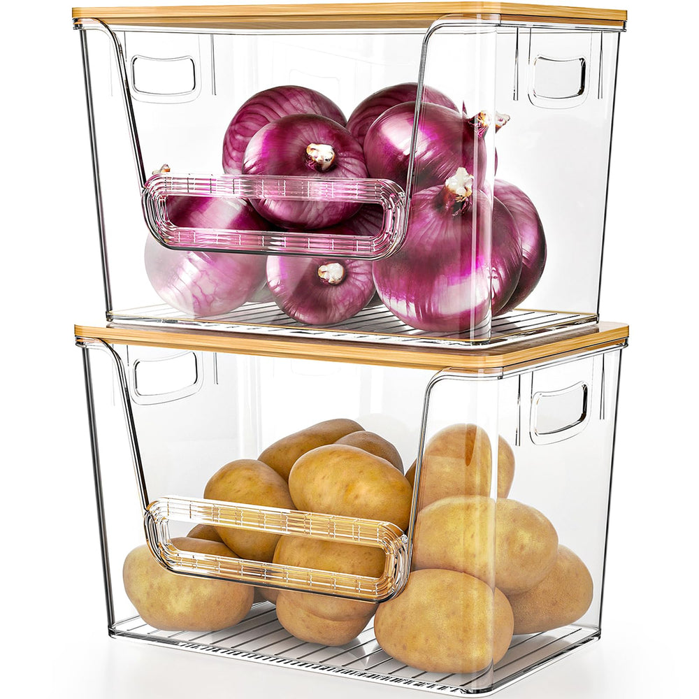 Delamu clear organizer front view with bamboo lid and tidy countertop benefit