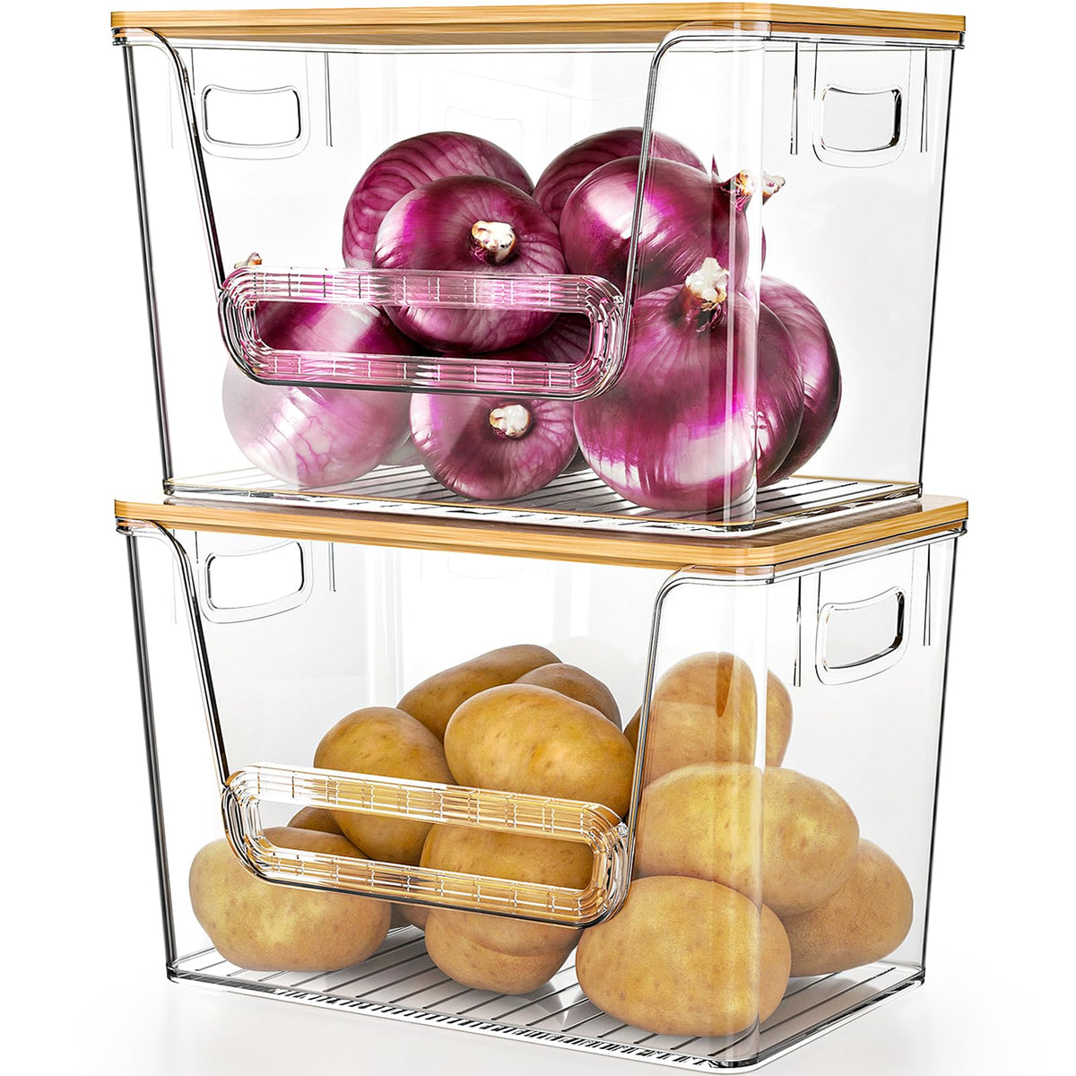 Delamu clear organizer front view with bamboo lid and tidy countertop benefit