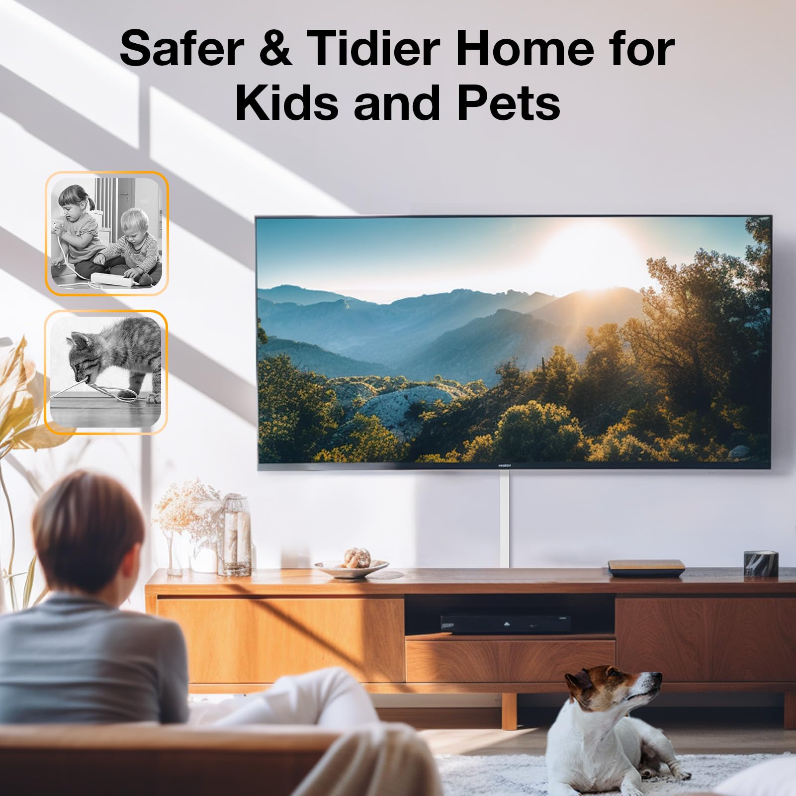 Delamu in living room protecting children and pets from cords