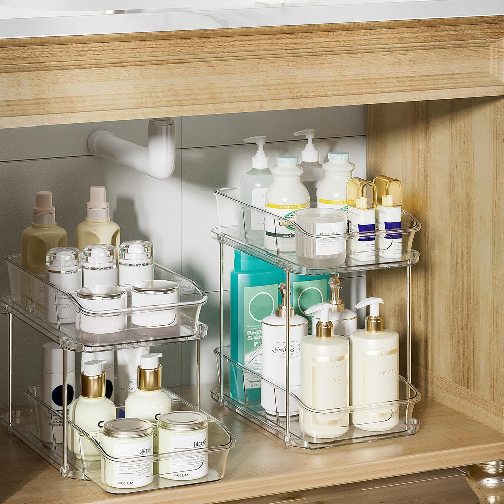 Delamu organizador colocado bajo lavabo facilitando acceso a productos