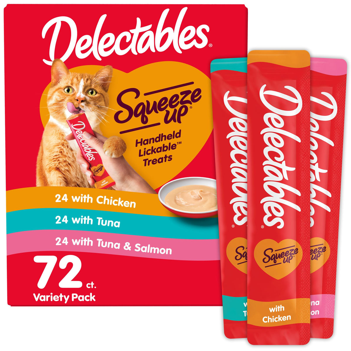 Delectables tubo frontal mostrando envase y facilidad de uso y premio rápido