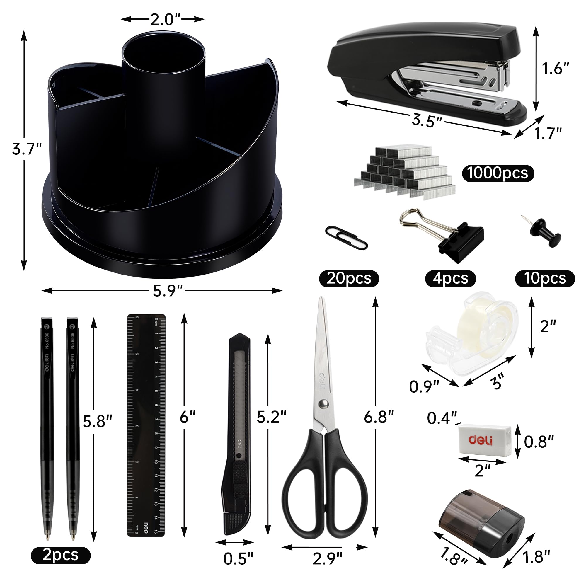 deli kit con bolígrafos, clips y tijeras desplegados para visualizar contenido