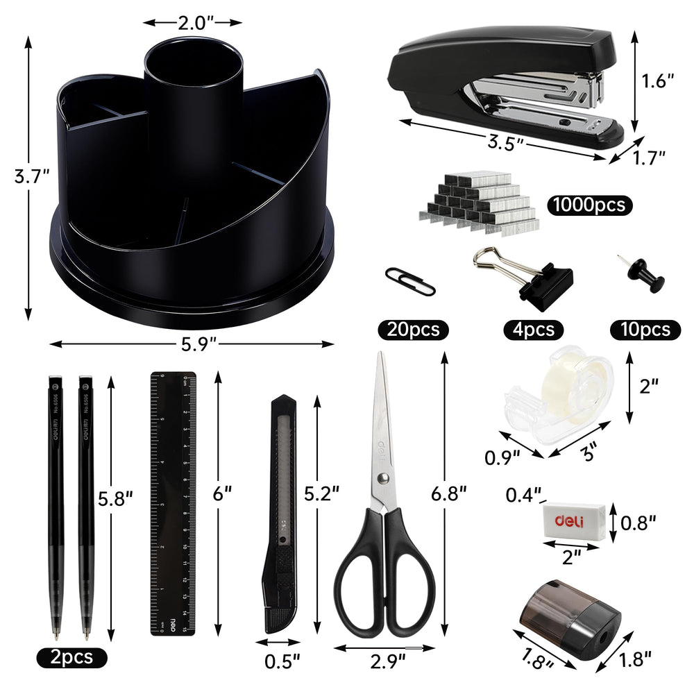deli kit con bolígrafos, clips y tijeras desplegados para visualizar contenido