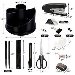 deli kit con bolígrafos, clips y tijeras desplegados para visualizar contenido