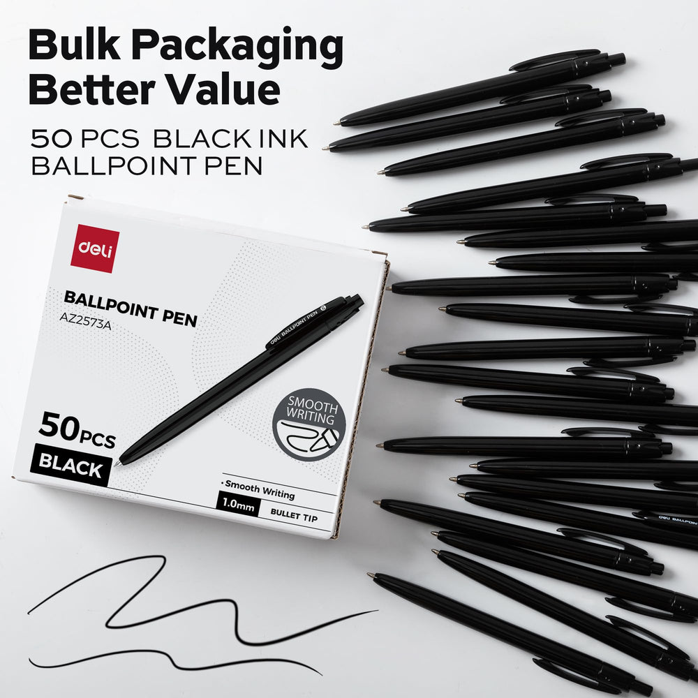 deli pen tip closeup highlighting 1.0mm ballpoint for smooth consistent lines