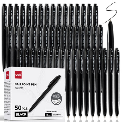 deli retractable pen front view showing slim barrel and clip for portable carry