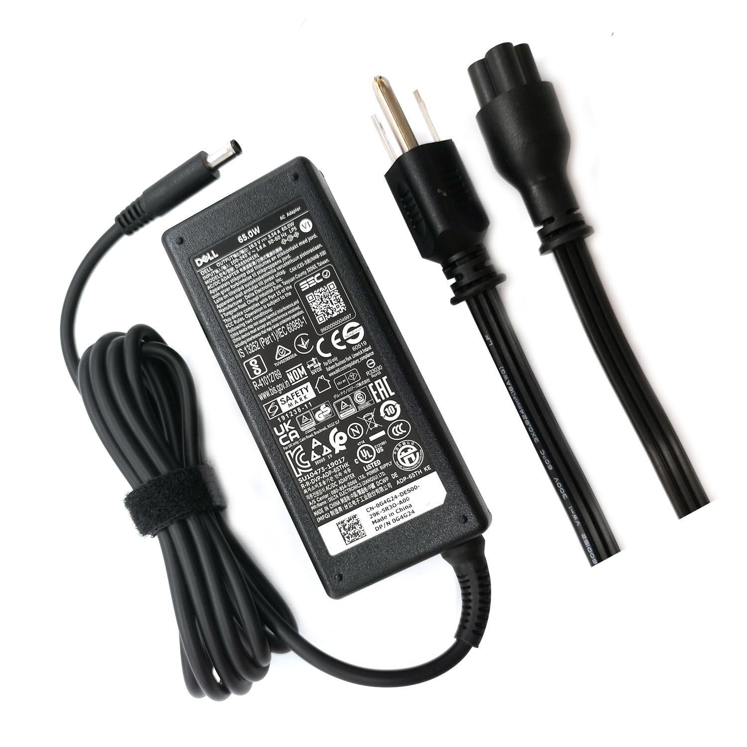 Dell adaptador 65W frontal mostrando diseño compacto y fiabilidad