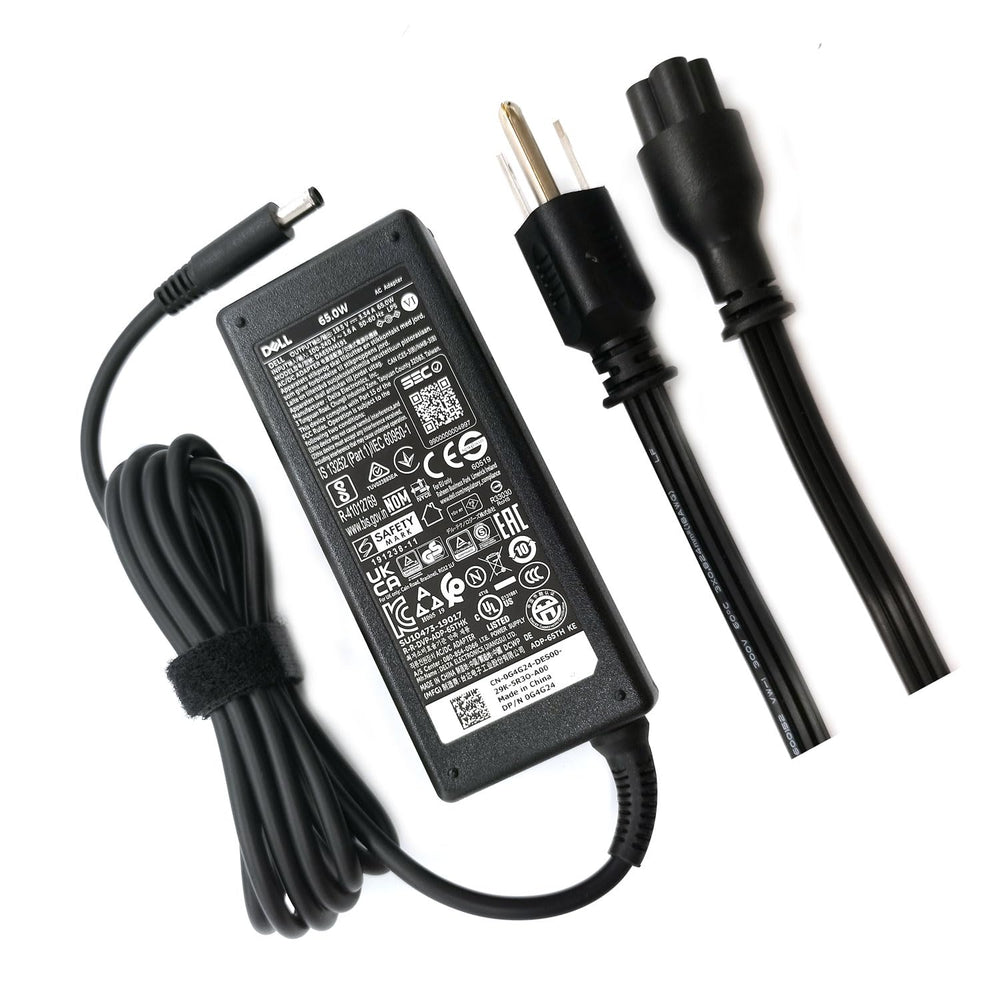 Dell adaptador 65W frontal mostrando diseño compacto y fiabilidad