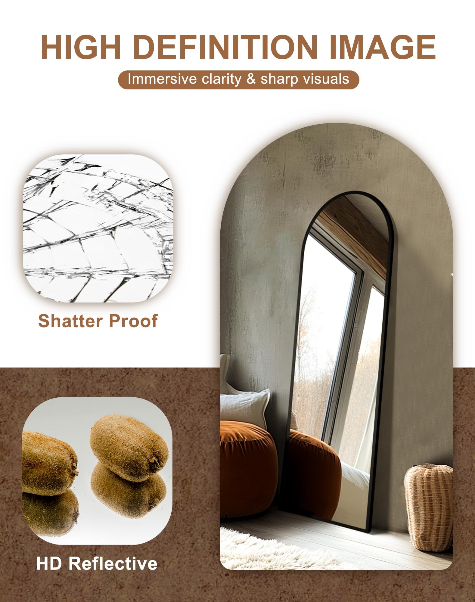 Delma mirror leaned against wall showing freestanding placement and space-saving benefit