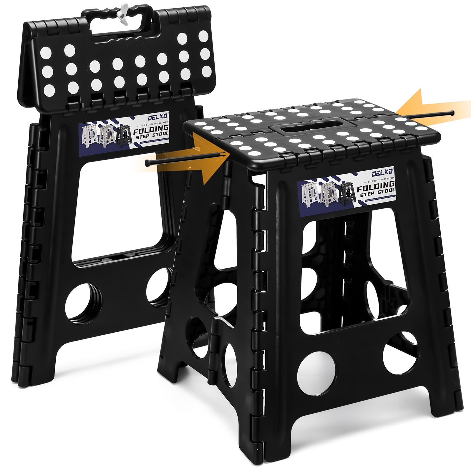 Delxo front view folded stool showing compact storage and portability