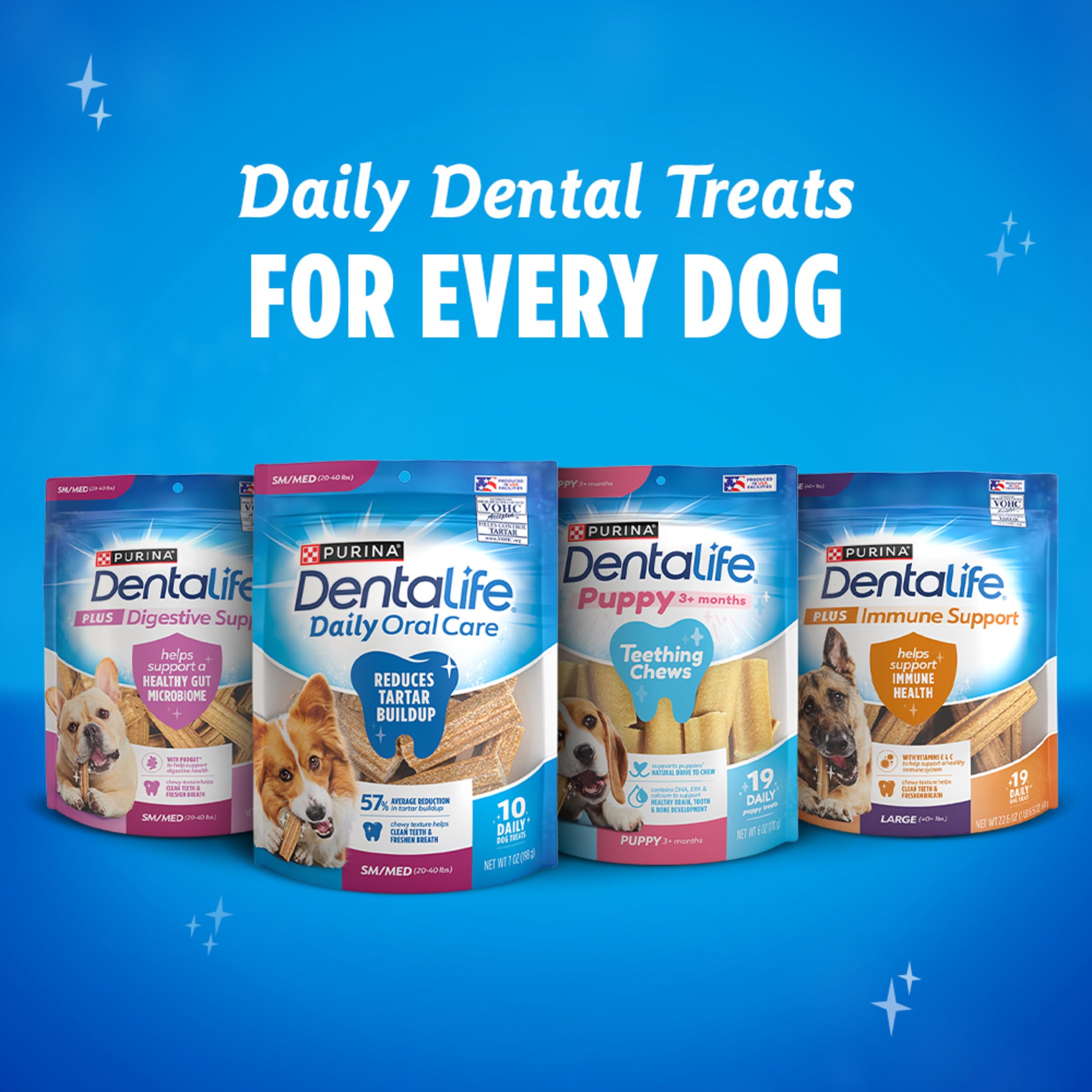Dentalife Purina comparación de tamaño junto a juguete para proporción