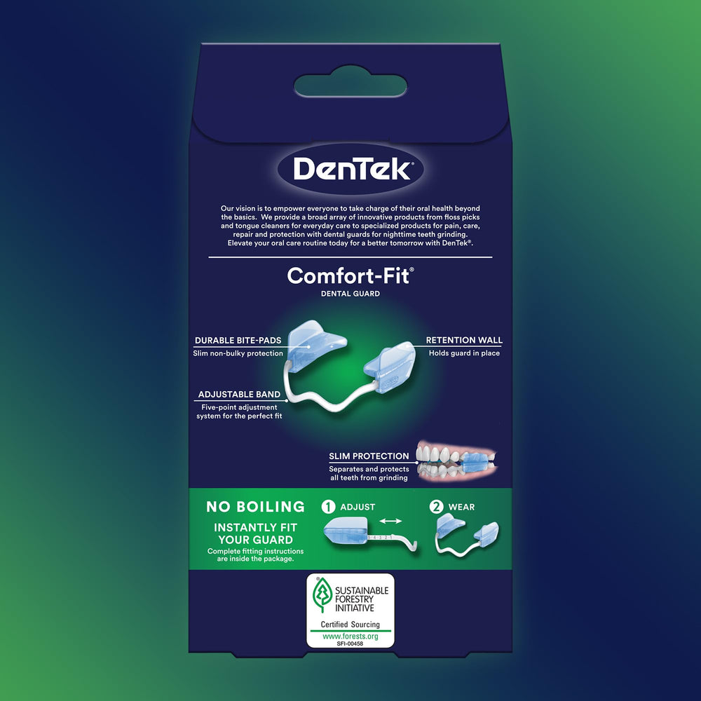 DenTek paquete abierto mostrando los dos guardas y el estuche incluido
