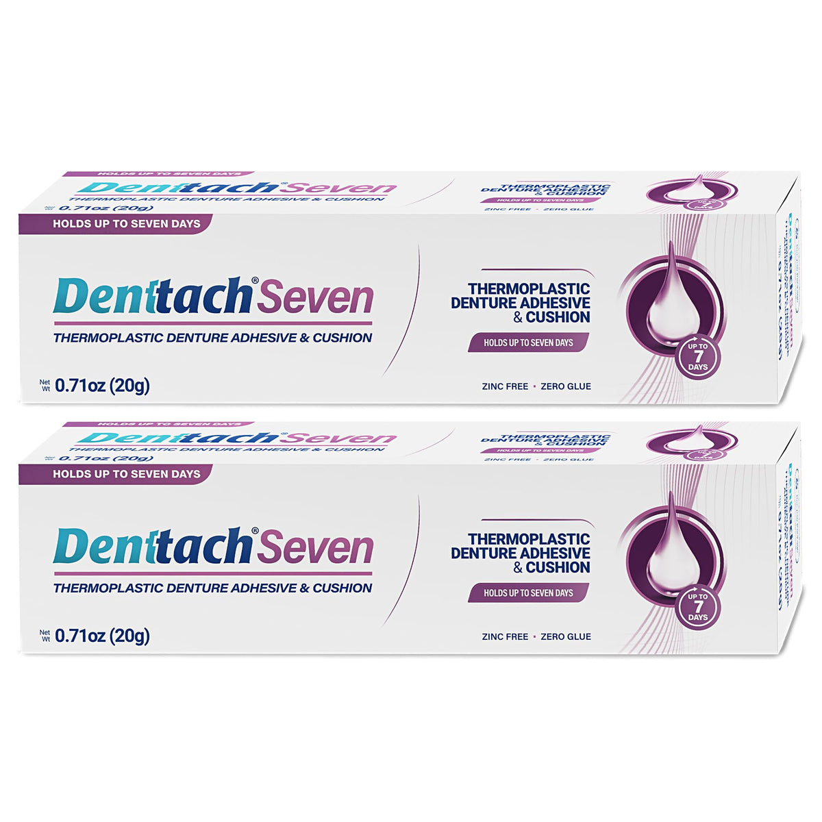 DENTTACH empaque frontal mostrando pack doble y beneficio de sujeción duradera