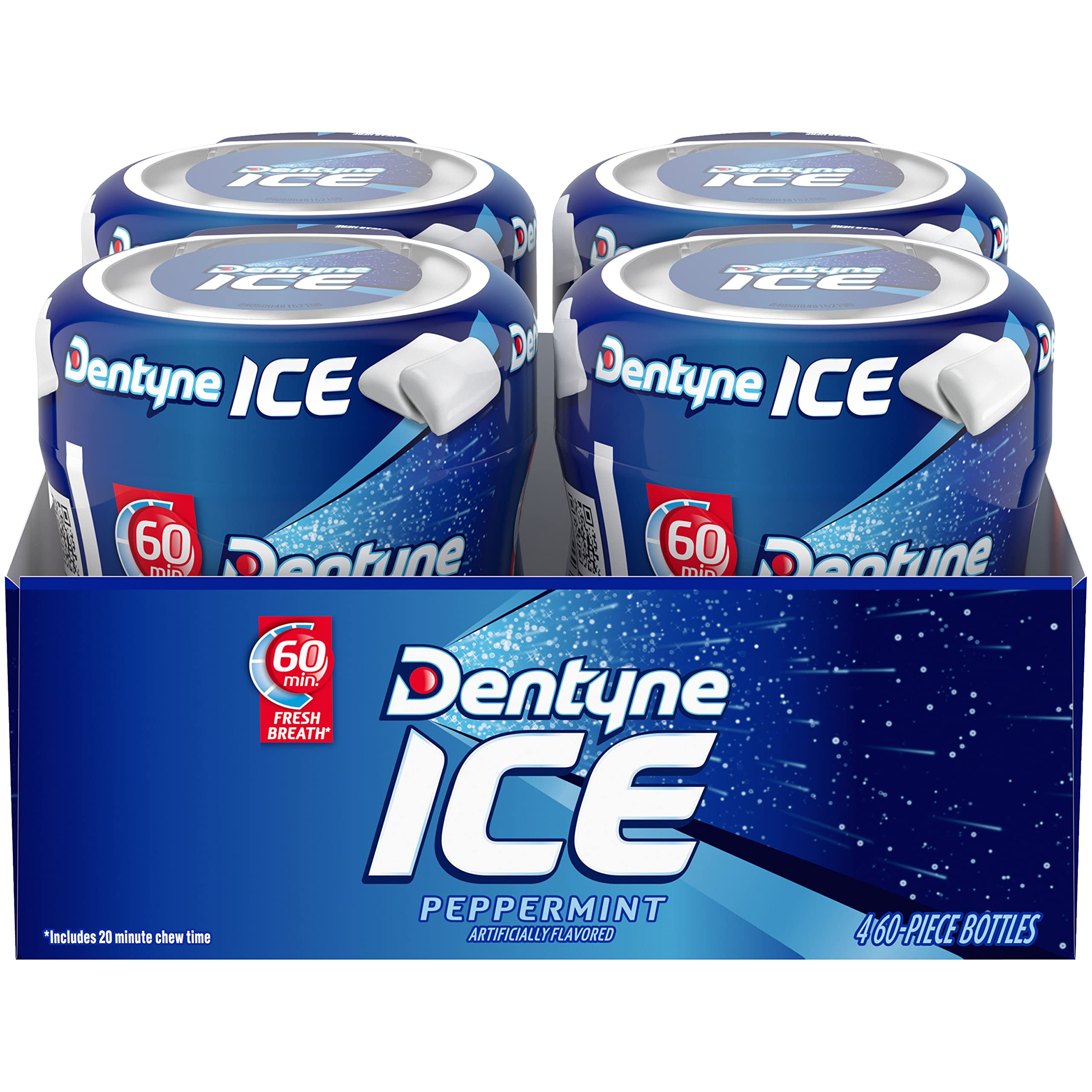 Dentyne vista frontal de la botella mostrando diseño y frescura
