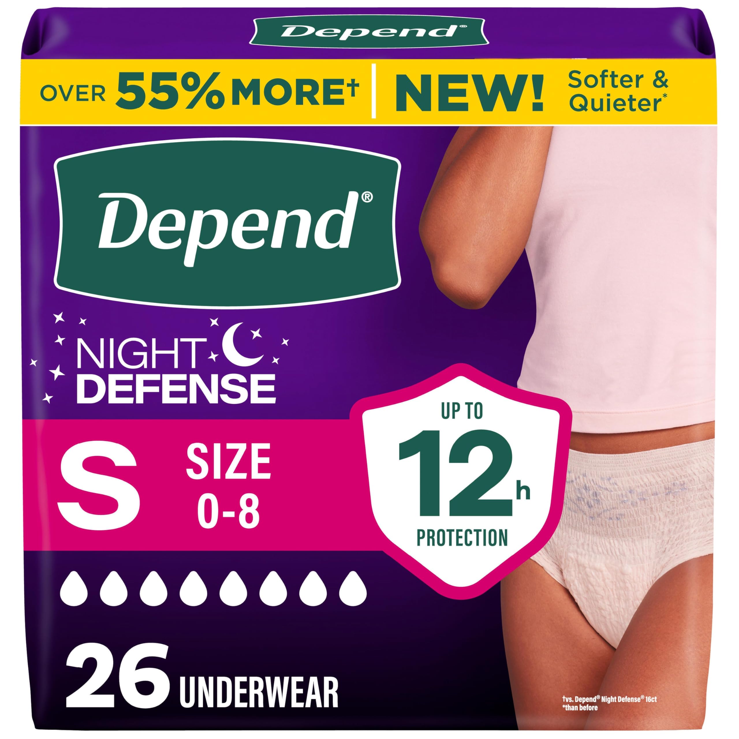 Depend frente del empaque mostrando 26 unidades y talla pequeña, confianza nocturna