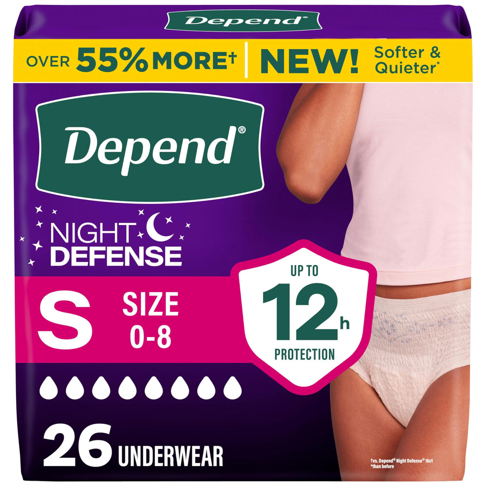 Depend frente del empaque mostrando 26 unidades y talla pequeña, confianza nocturna