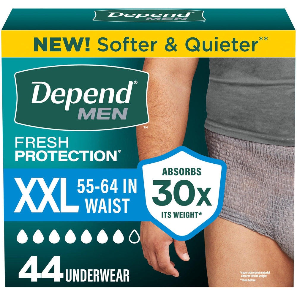 Depend paquete frontal mostrando 44 unidades y beneficio de protección