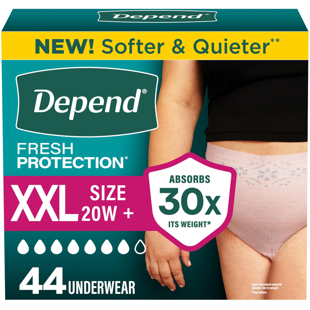 Depend empaque frontal rosa mostrando 44 bragas, protección discreta