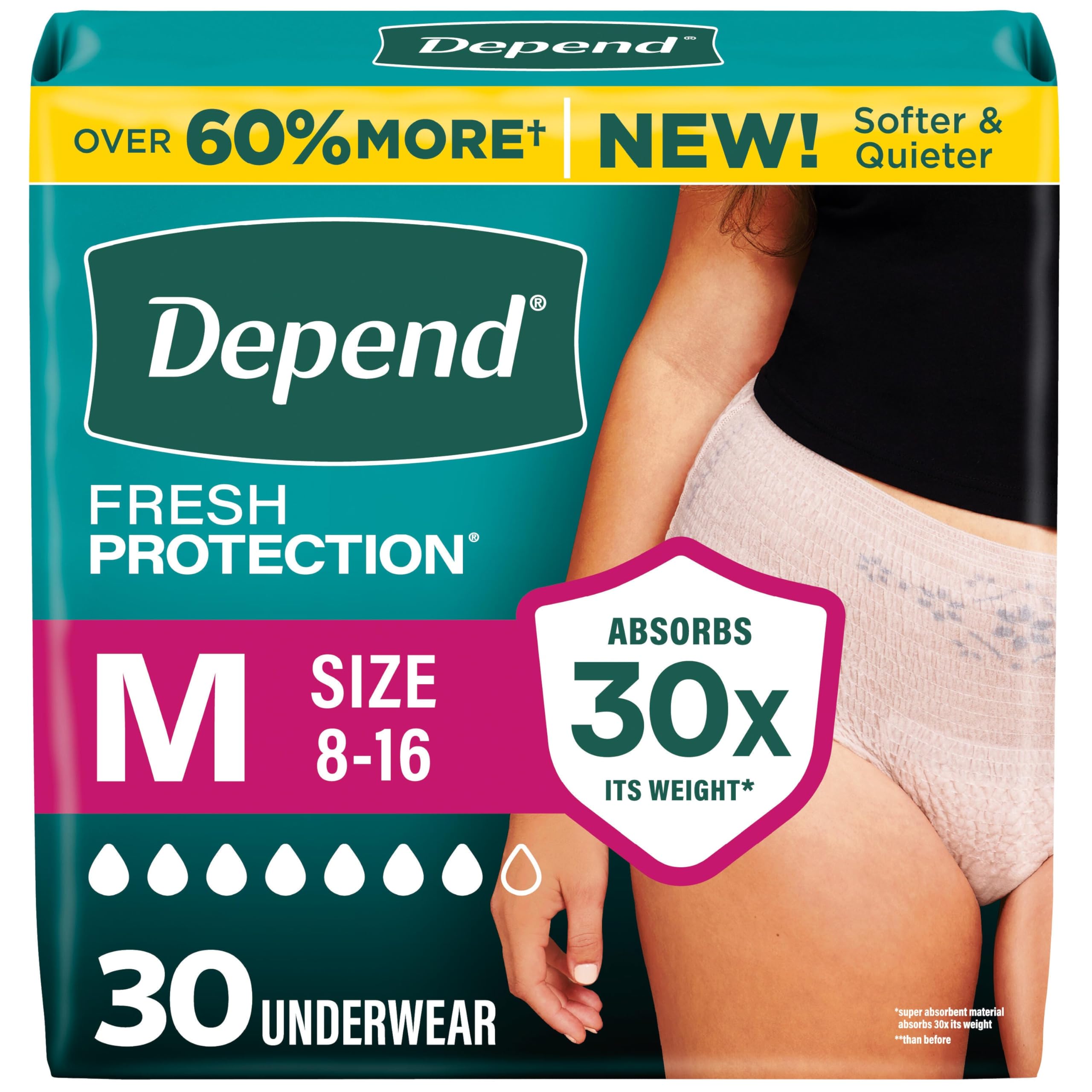 Depend paquete frontal mediano 30 unidades mostrando diseño y color rosa para confianza