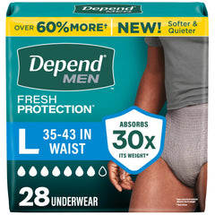 Depend empaque frontal mostrando 28 unidades y talla Large para confianza