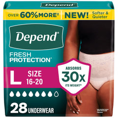 Depend paquete frontal mostrando 28 unidades y diseño rosa discreto