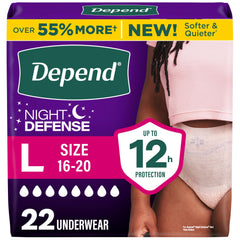 Depend embalaje frontal mostrando protección nocturna y cantidad