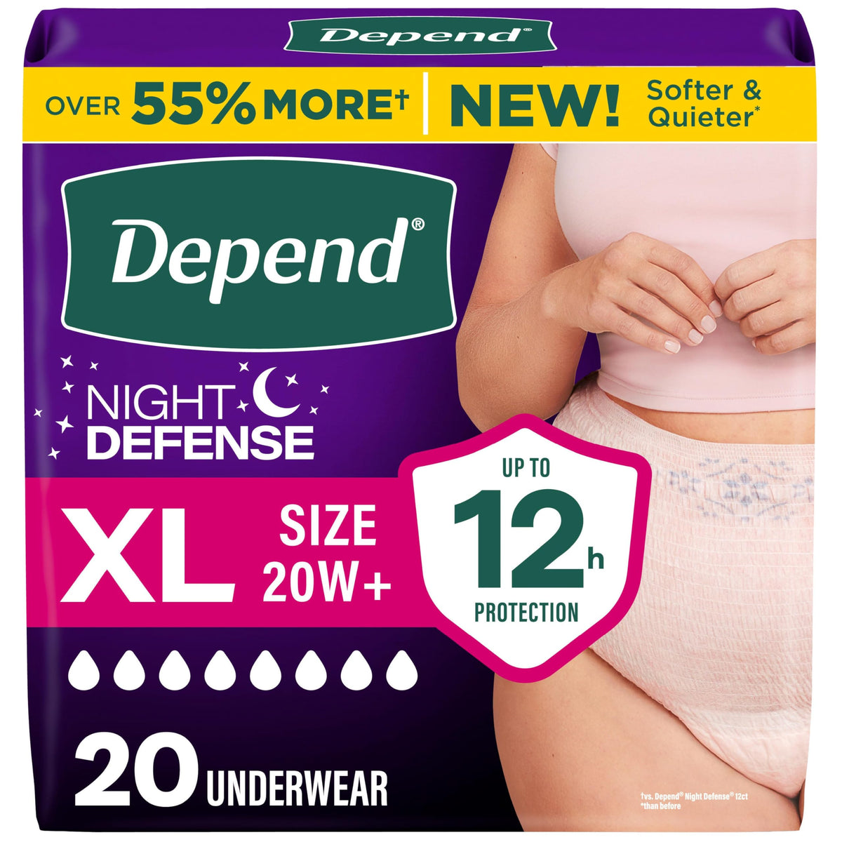 Depend paquete frontal XL mostrando las 20 unidades y beneficio protección nocturna