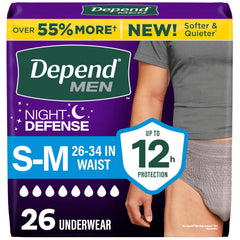 Depend empaque frontal mostrando 26 unidades y protección nocturna